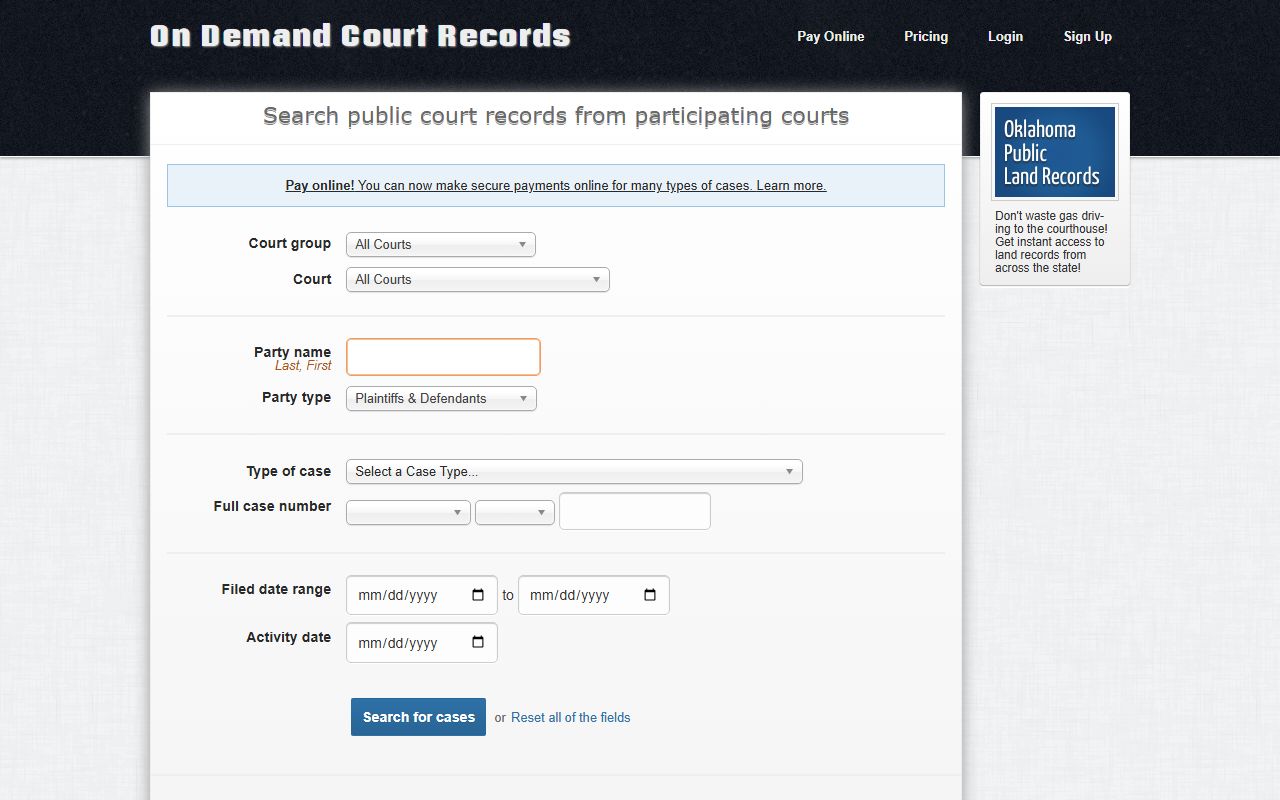 ODCR Coal County court records after jail arrest search fields